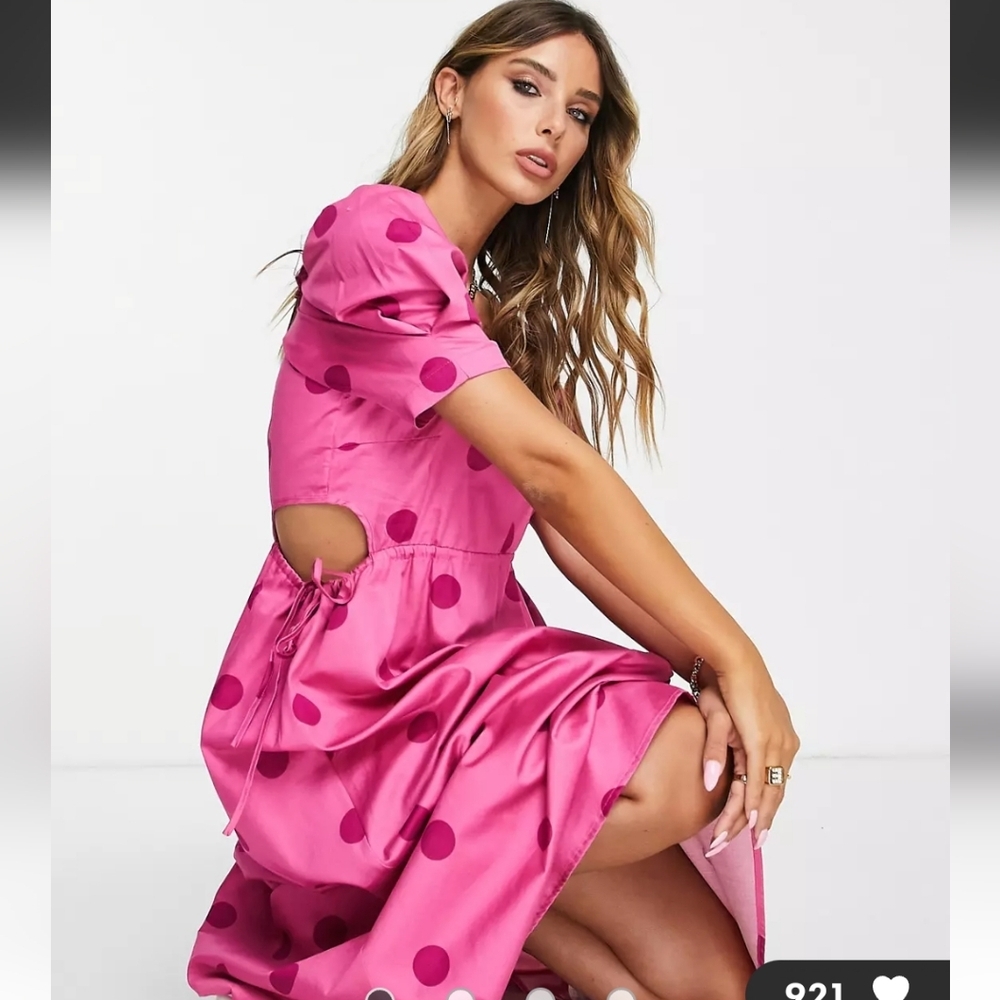 ⭐ Brand new ASOS Y.A.S cut out puff sleeve midi dress in bright pink - Size XS